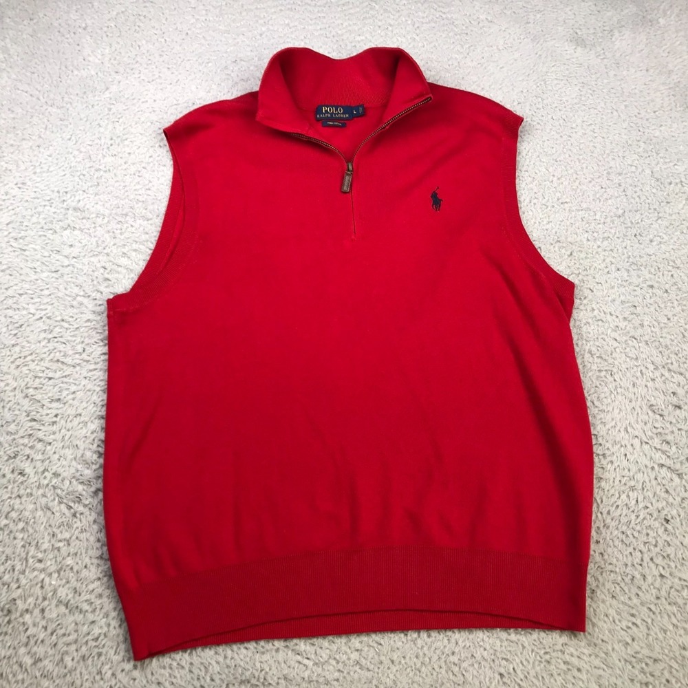 Polo Ralph Lauren Sweater Vest Mens L Red Pima Cotton Knit 1/4 Zip Pullover